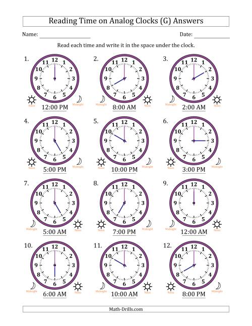 The Reading 12 Hour Time on Analog Clocks in One Hour Intervals (12 Clocks) (G) Math Worksheet Page 2