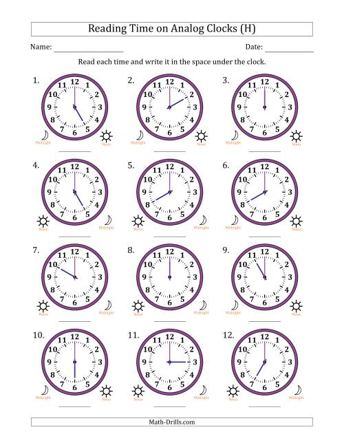 The Reading 12 Hour Time on Analog Clocks in One Hour Intervals (12 Clocks) (H) Math Worksheet