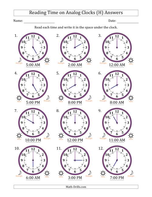 The Reading 12 Hour Time on Analog Clocks in One Hour Intervals (12 Clocks) (H) Math Worksheet Page 2