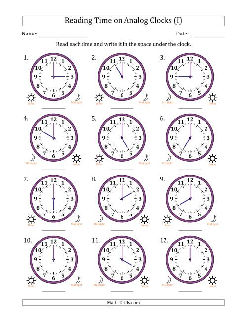 The Reading 12 Hour Time on Analog Clocks in One Hour Intervals (12 Clocks) (I) Math Worksheet