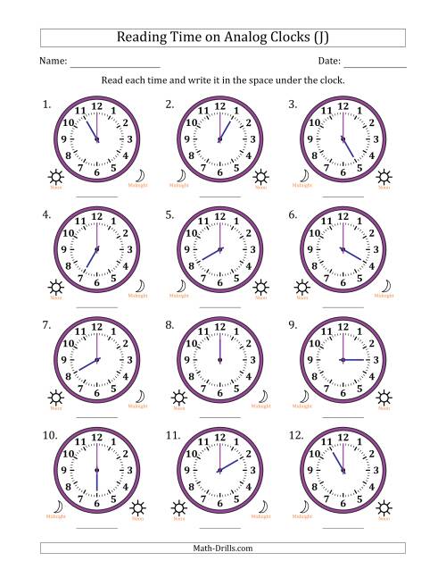 The Reading 12 Hour Time on Analog Clocks in One Hour Intervals (12 Clocks) (J) Math Worksheet