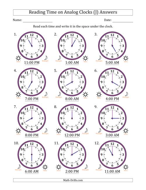 The Reading 12 Hour Time on Analog Clocks in One Hour Intervals (12 Clocks) (J) Math Worksheet Page 2