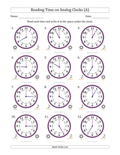 The Reading 12 Hour Time on Analog Clocks in One Hour Intervals (12 Clocks) (All) Math Worksheet