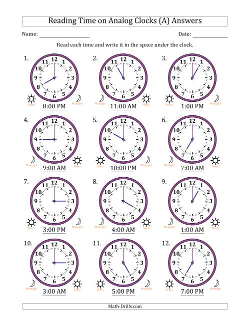 The Reading 12 Hour Time on Analog Clocks in One Hour Intervals (12 Clocks) (All) Math Worksheet Page 2