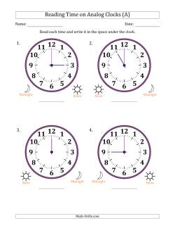 Reading 12 Hour Time on Analog Clocks in One Hour Intervals (4 Large Clocks)