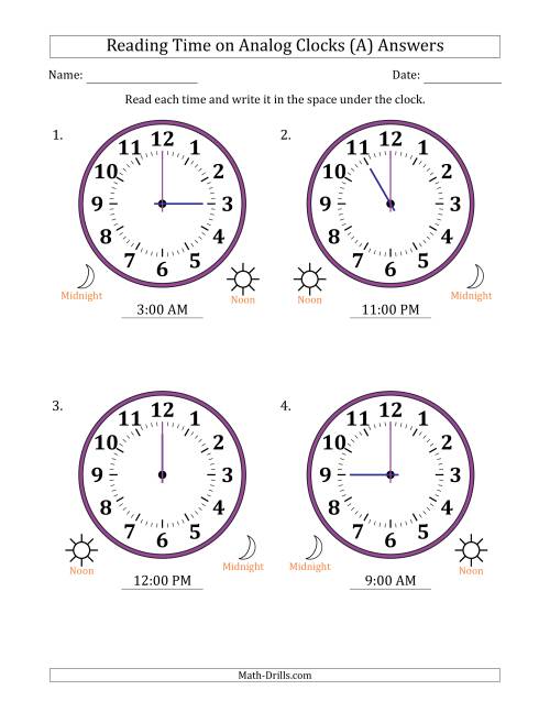 The Reading 12 Hour Time on Analog Clocks in One Hour Intervals (4 Large Clocks) (A) Math Worksheet Page 2