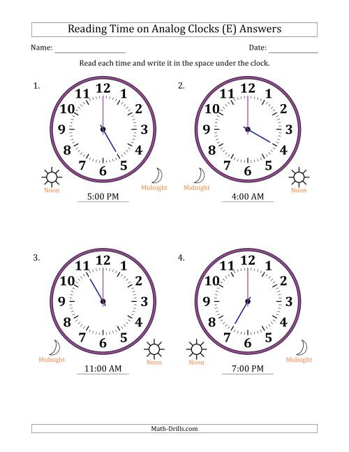 The Reading 12 Hour Time on Analog Clocks in One Hour Intervals (4 Large Clocks) (E) Math Worksheet Page 2
