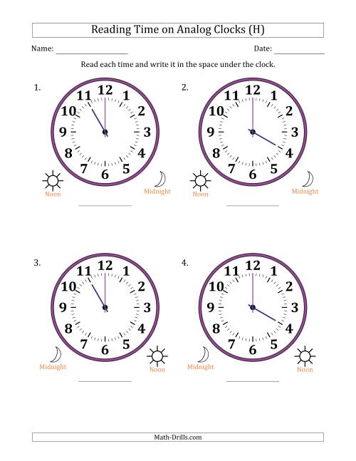The Reading 12 Hour Time on Analog Clocks in One Hour Intervals (4 Large Clocks) (H) Math Worksheet