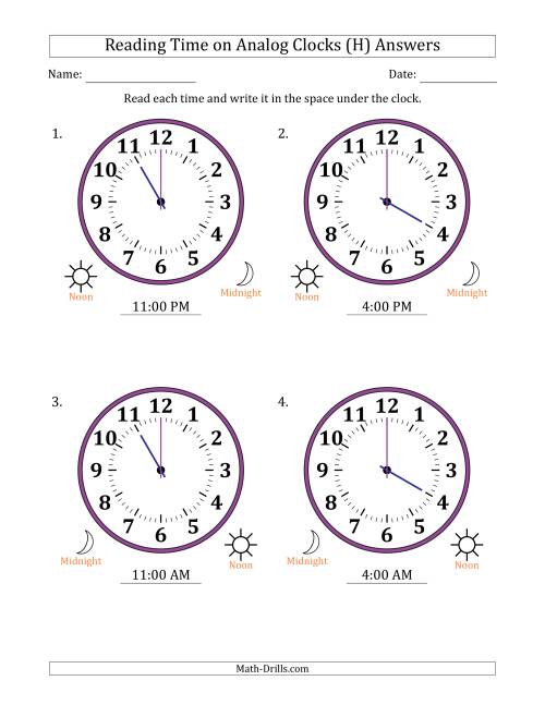 The Reading 12 Hour Time on Analog Clocks in One Hour Intervals (4 Large Clocks) (H) Math Worksheet Page 2