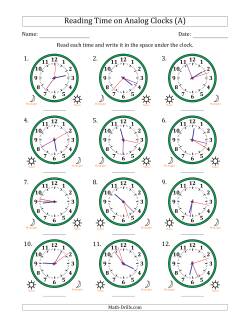 Reading 12 Hour Time on Analog Clocks in 1 Second Intervals (12 Clocks)