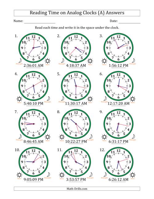 The Reading 12 Hour Time on Analog Clocks in 1 Second Intervals (12 Clocks) (A) Math Worksheet Page 2