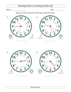 Reading 12 Hour Time on Analog Clocks in 1 Second Intervals (4 Large Clocks)