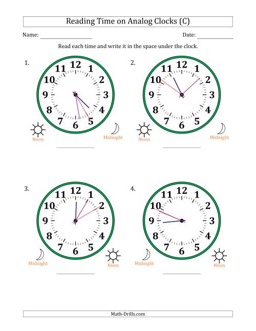 The Reading 12 Hour Time on Analog Clocks in 1 Second Intervals (4 Large Clocks) (C) Math Worksheet