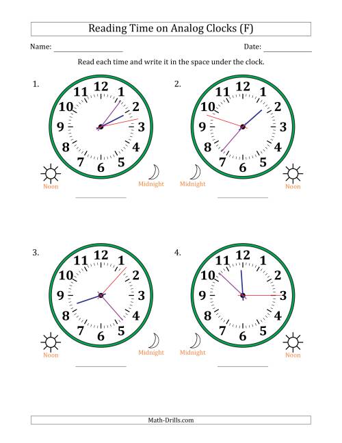 The Reading 12 Hour Time on Analog Clocks in 1 Second Intervals (4 Large Clocks) (F) Math Worksheet