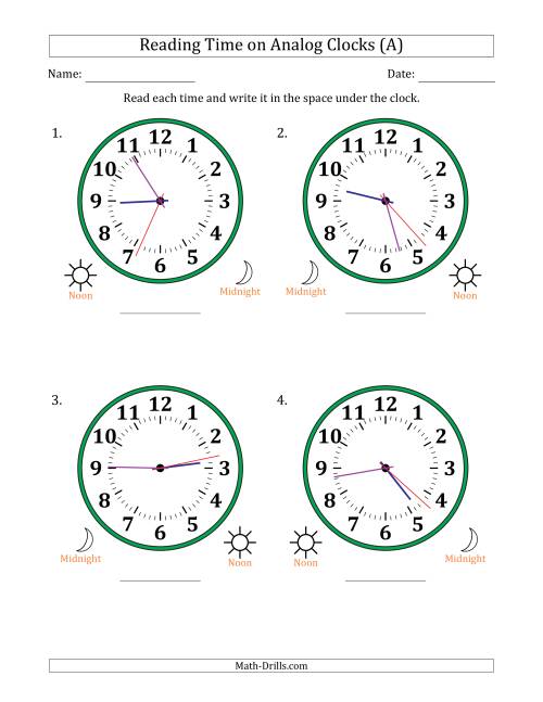 The Reading 12 Hour Time on Analog Clocks in 1 Second Intervals (4 Large Clocks) (All) Math Worksheet