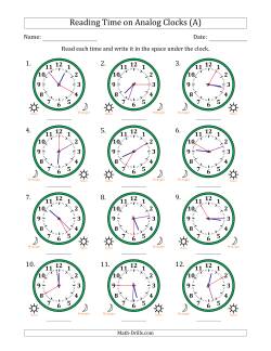 Reading 12 Hour Time on Analog Clocks in 5 Second Intervals (12 Clocks)