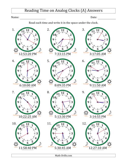 The Reading 12 Hour Time on Analog Clocks in 5 Second Intervals (12 Clocks) (A) Math Worksheet Page 2