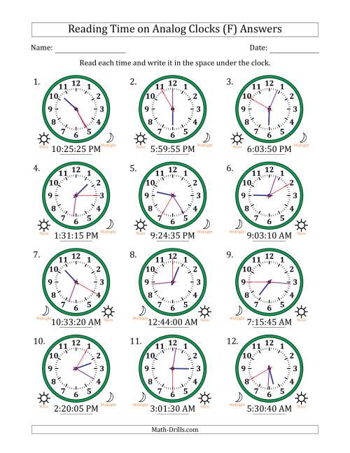 The Reading 12 Hour Time on Analog Clocks in 5 Second Intervals (12 Clocks) (F) Math Worksheet Page 2