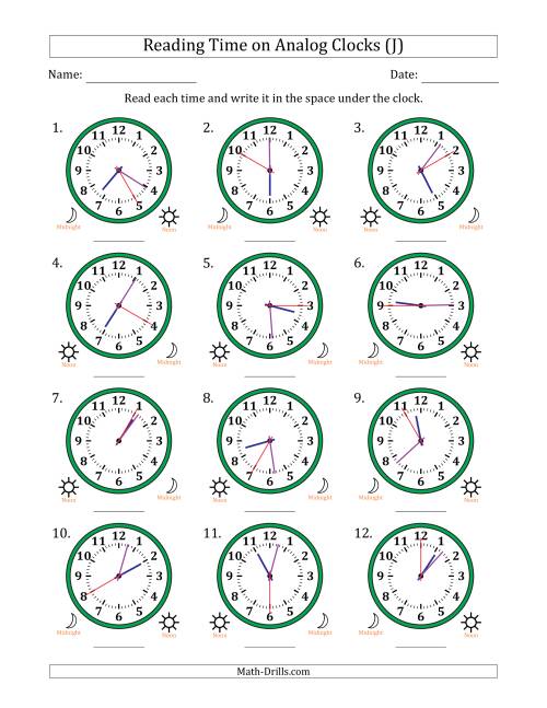 The Reading 12 Hour Time on Analog Clocks in 5 Second Intervals (12 Clocks) (J) Math Worksheet