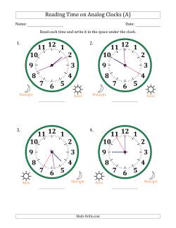 Reading 12 Hour Time on Analog Clocks in 5 Second Intervals (4 Large Clocks)