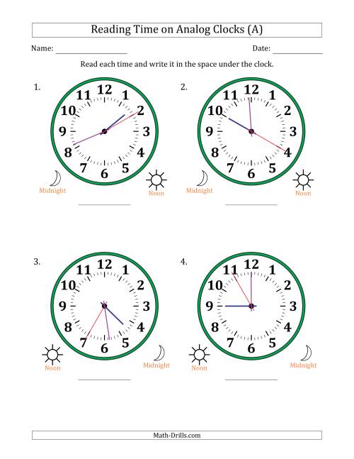 The Reading 12 Hour Time on Analog Clocks in 5 Second Intervals (4 Large Clocks) (A) Math Worksheet