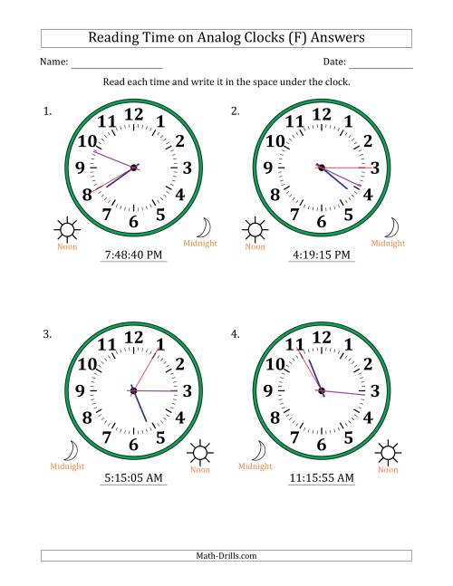The Reading 12 Hour Time on Analog Clocks in 5 Second Intervals (4 Large Clocks) (F) Math Worksheet Page 2