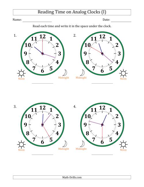 The Reading 12 Hour Time on Analog Clocks in 5 Second Intervals (4 Large Clocks) (I) Math Worksheet