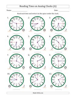 Reading 12 Hour Time on Analog Clocks in 15 Second Intervals (12 Clocks)