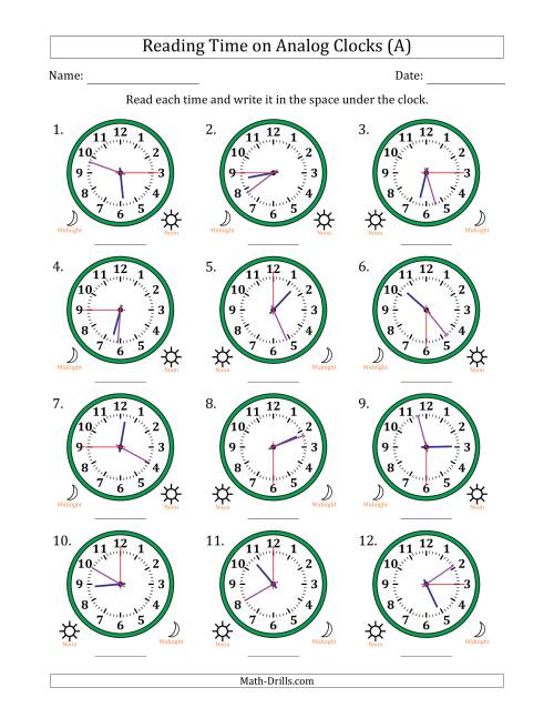 The Reading 12 Hour Time on Analog Clocks in 15 Second Intervals (12 Clocks) (A) Math Worksheet