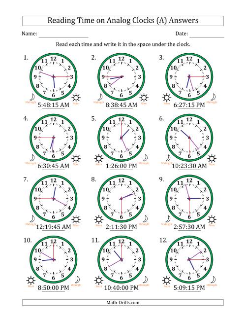 The Reading 12 Hour Time on Analog Clocks in 15 Second Intervals (12 Clocks) (A) Math Worksheet Page 2
