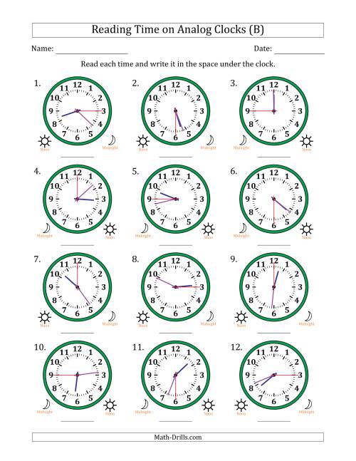 The Reading 12 Hour Time on Analog Clocks in 15 Second Intervals (12 Clocks) (B) Math Worksheet