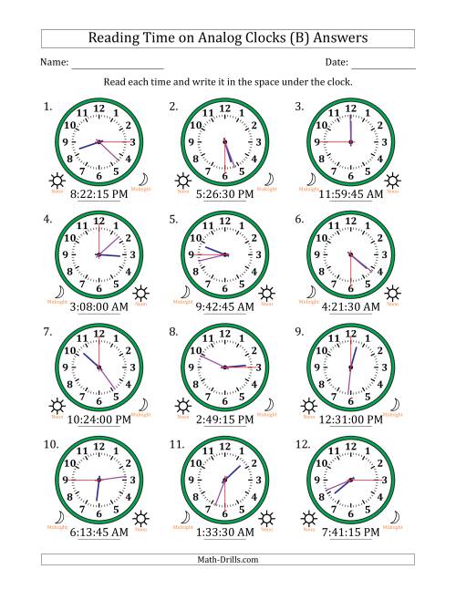 The Reading 12 Hour Time on Analog Clocks in 15 Second Intervals (12 Clocks) (B) Math Worksheet Page 2