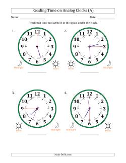 Reading 12 Hour Time on Analog Clocks in 15 Second Intervals (4 Large Clocks)