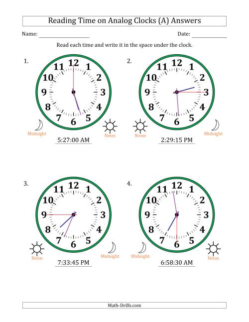 The Reading 12 Hour Time on Analog Clocks in 15 Second Intervals (4 Large Clocks) (A) Math Worksheet Page 2