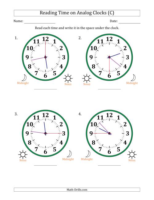 The Reading 12 Hour Time on Analog Clocks in 15 Second Intervals (4 Large Clocks) (C) Math Worksheet