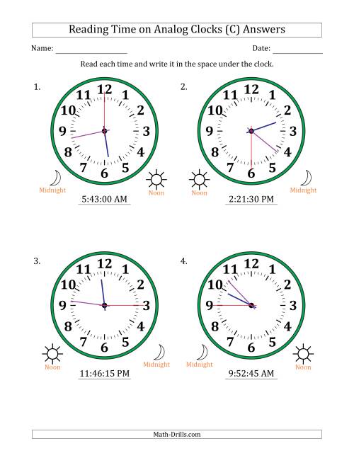 The Reading 12 Hour Time on Analog Clocks in 15 Second Intervals (4 Large Clocks) (C) Math Worksheet Page 2