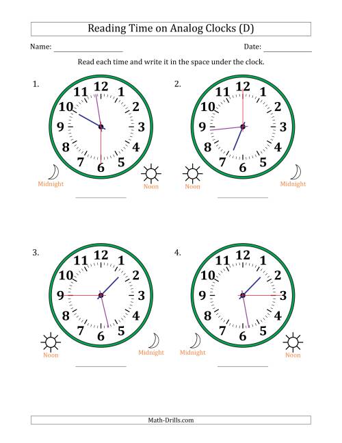 The Reading 12 Hour Time on Analog Clocks in 15 Second Intervals (4 Large Clocks) (D) Math Worksheet