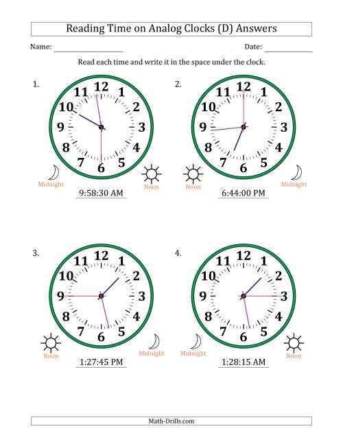 The Reading 12 Hour Time on Analog Clocks in 15 Second Intervals (4 Large Clocks) (D) Math Worksheet Page 2