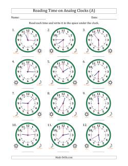 Reading 12 Hour Time on Analog Clocks in 30 Second Intervals (12 Clocks)