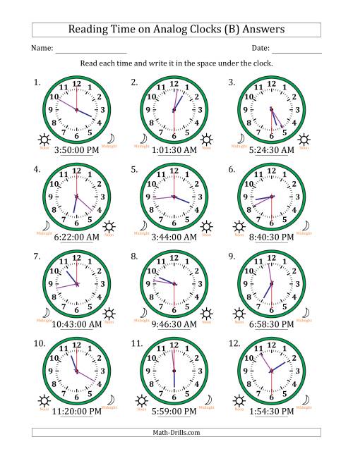 The Reading 12 Hour Time on Analog Clocks in 30 Second Intervals (12 Clocks) (B) Math Worksheet Page 2