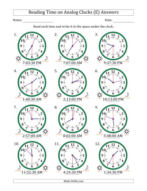 The Reading 12 Hour Time on Analog Clocks in 30 Second Intervals (12 Clocks) (E) Math Worksheet Page 2