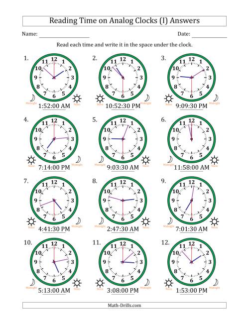 The Reading 12 Hour Time on Analog Clocks in 30 Second Intervals (12 Clocks) (I) Math Worksheet Page 2