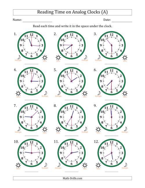The Reading 12 Hour Time on Analog Clocks in 30 Second Intervals (12 Clocks) (All) Math Worksheet