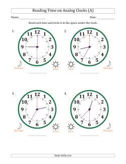 Reading 12 Hour Time on Analog Clocks in 30 Second Intervals (4 Large Clocks)
