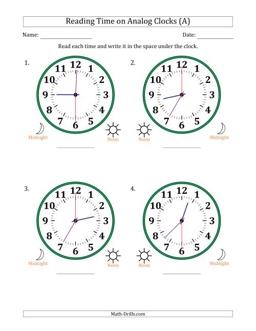 The Reading 12 Hour Time on Analog Clocks in 30 Second Intervals (4 Large Clocks) (A) Math Worksheet
