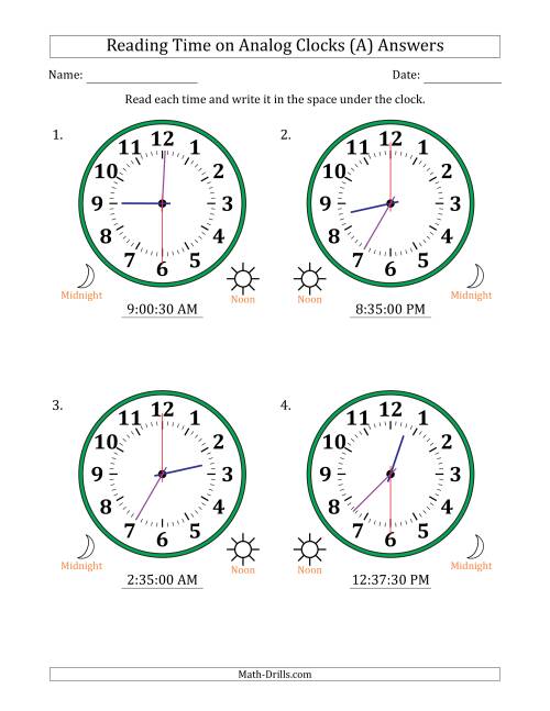 The Reading 12 Hour Time on Analog Clocks in 30 Second Intervals (4 Large Clocks) (A) Math Worksheet Page 2