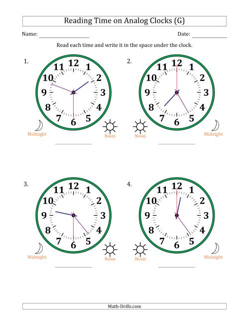 The Reading 12 Hour Time on Analog Clocks in 30 Second Intervals (4 Large Clocks) (G) Math Worksheet