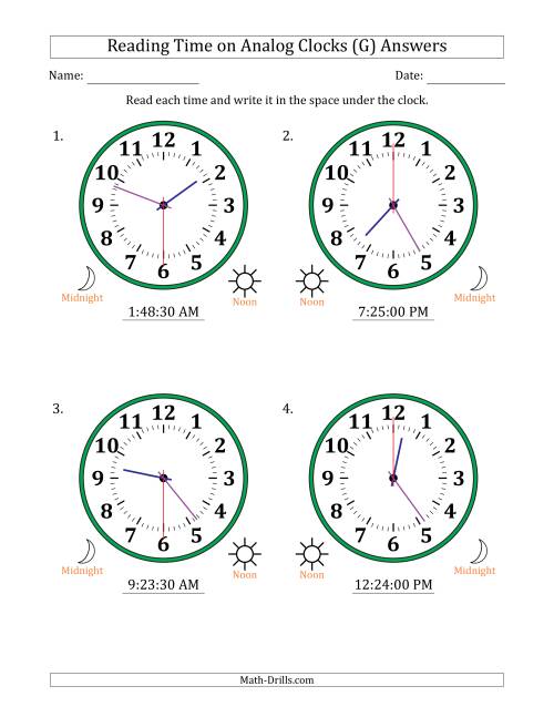 The Reading 12 Hour Time on Analog Clocks in 30 Second Intervals (4 Large Clocks) (G) Math Worksheet Page 2