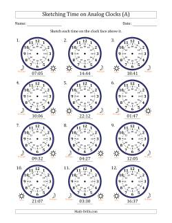 Sketching 24 Hour Time on Analog Clocks in 1 Minute Intervals (12 Clocks)