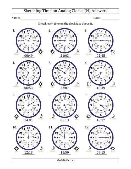 The Sketching 24 Hour Time on Analog Clocks in 1 Minute Intervals (12 Clocks) (H) Math Worksheet Page 2